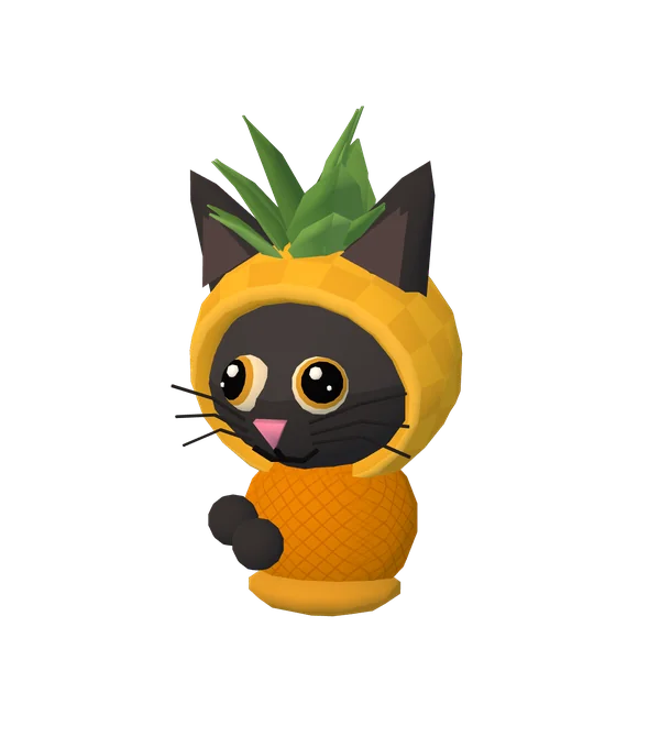 Pineapple Cat: a black cat in a yellow pineapple suit with the leaves for a crown, sitting, looking up.