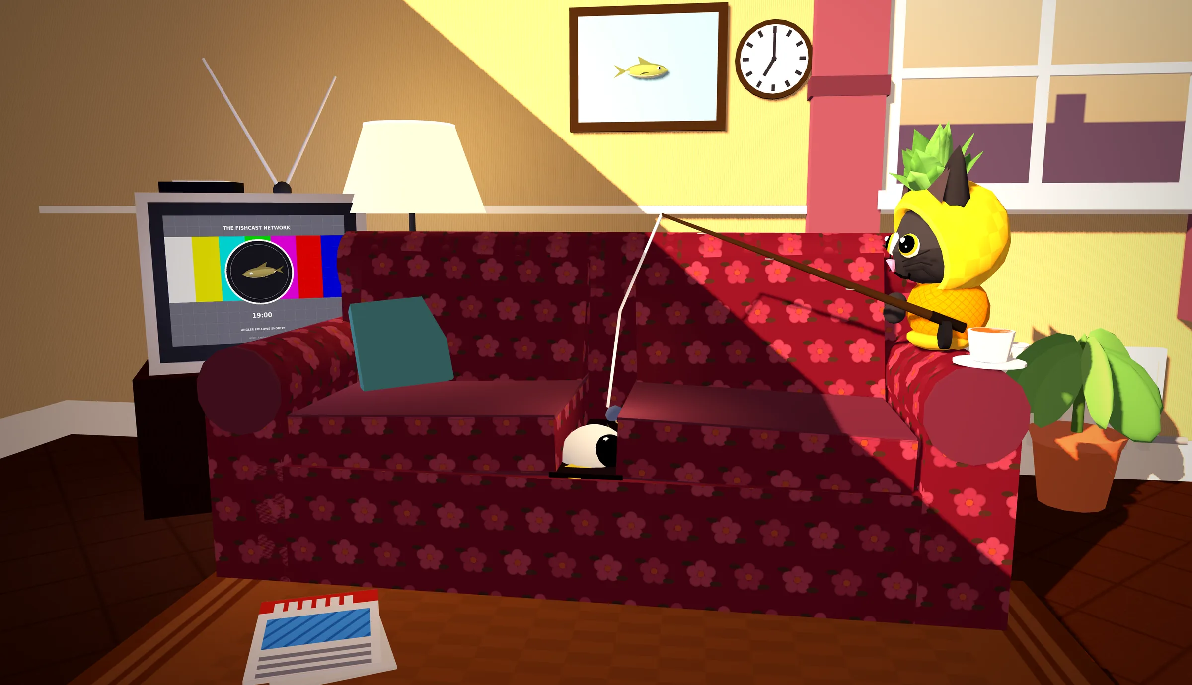 Pineapple Cat on the arm of a red floral sofa at seven in the evening, fishing into the gap between the cushions. A test card plays on the television in the corner.