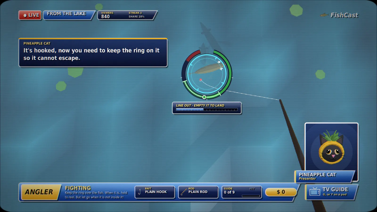 A fight on the lake: the ring over the fish with the green and red gauge around it, the line-out bar beneath, and the presenter's caption telling you to keep the ring on it.