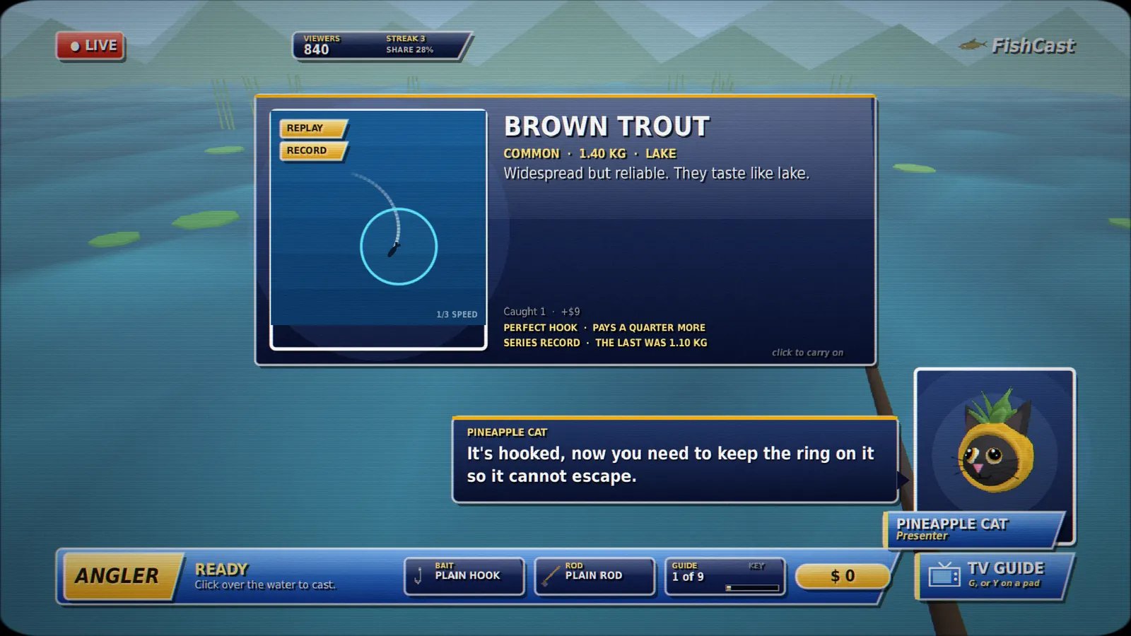 The replay card after a catch, at a third speed.