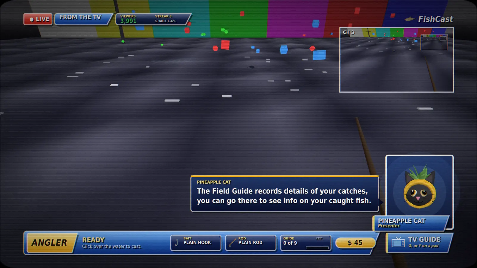 Fishing in the TV with a picture-in-picture of the same picture in the corner, labelled CH 3.
